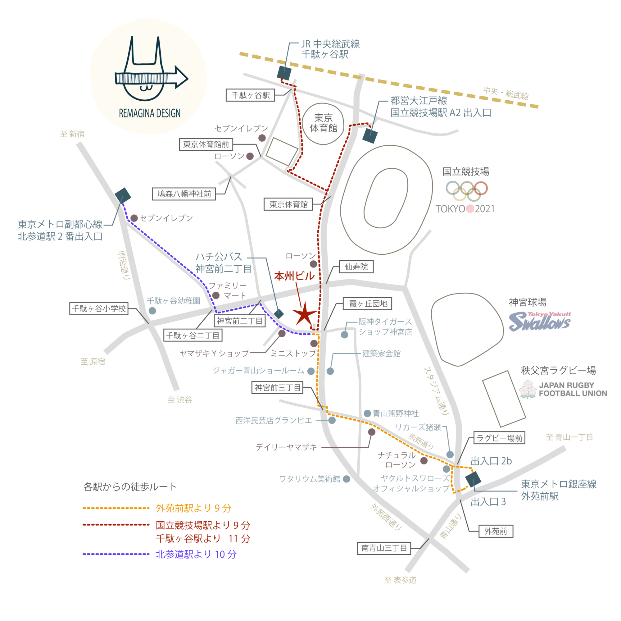 最寄駅徒歩案内地図 渋谷区神宮前 ルート案内図 詳細 1、外苑前、北参道、千駄ヶ谷、国立競技場