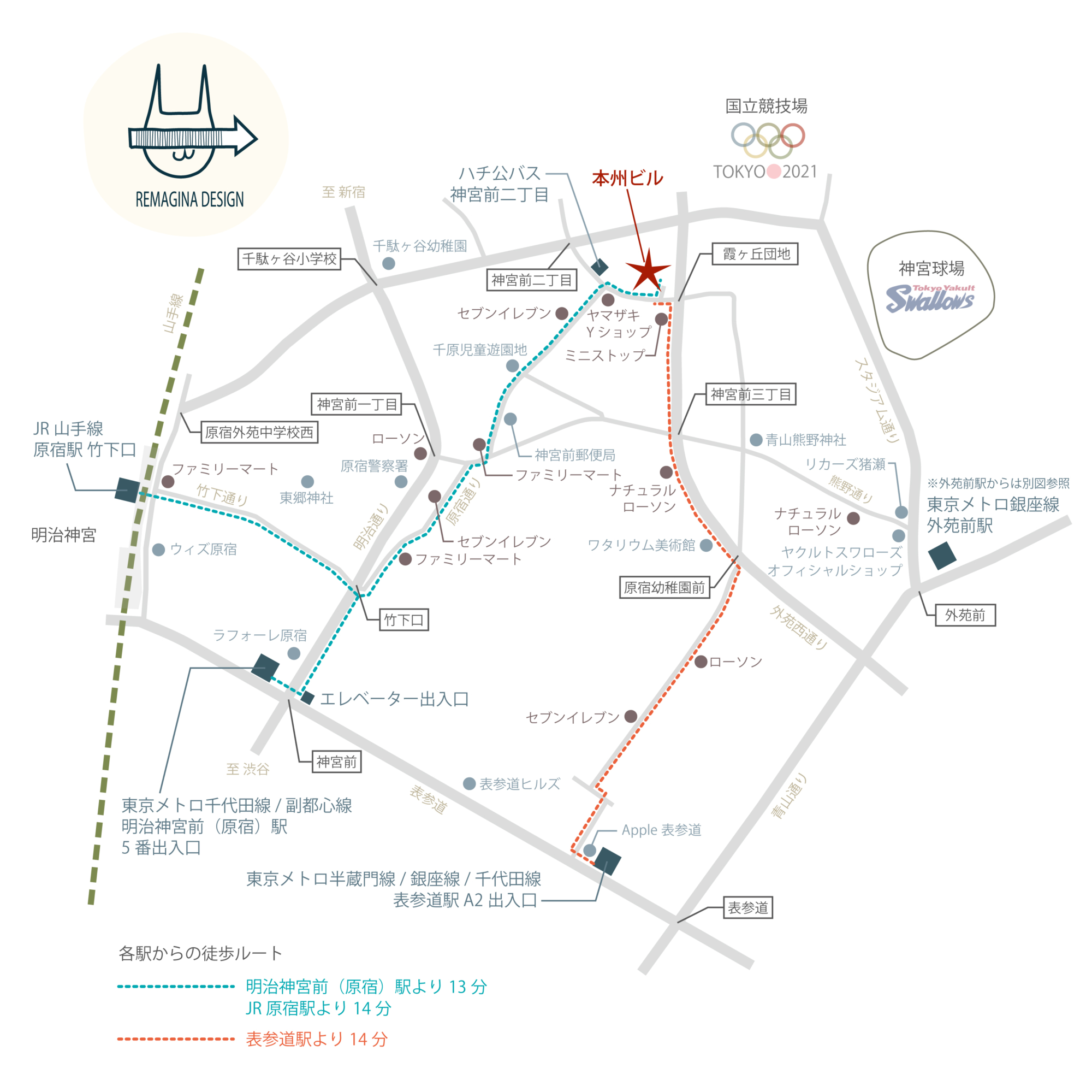 最寄駅徒歩案内地図 渋谷区神宮前 ルート案内図 詳細 2、明治神宮前、原宿、表参道